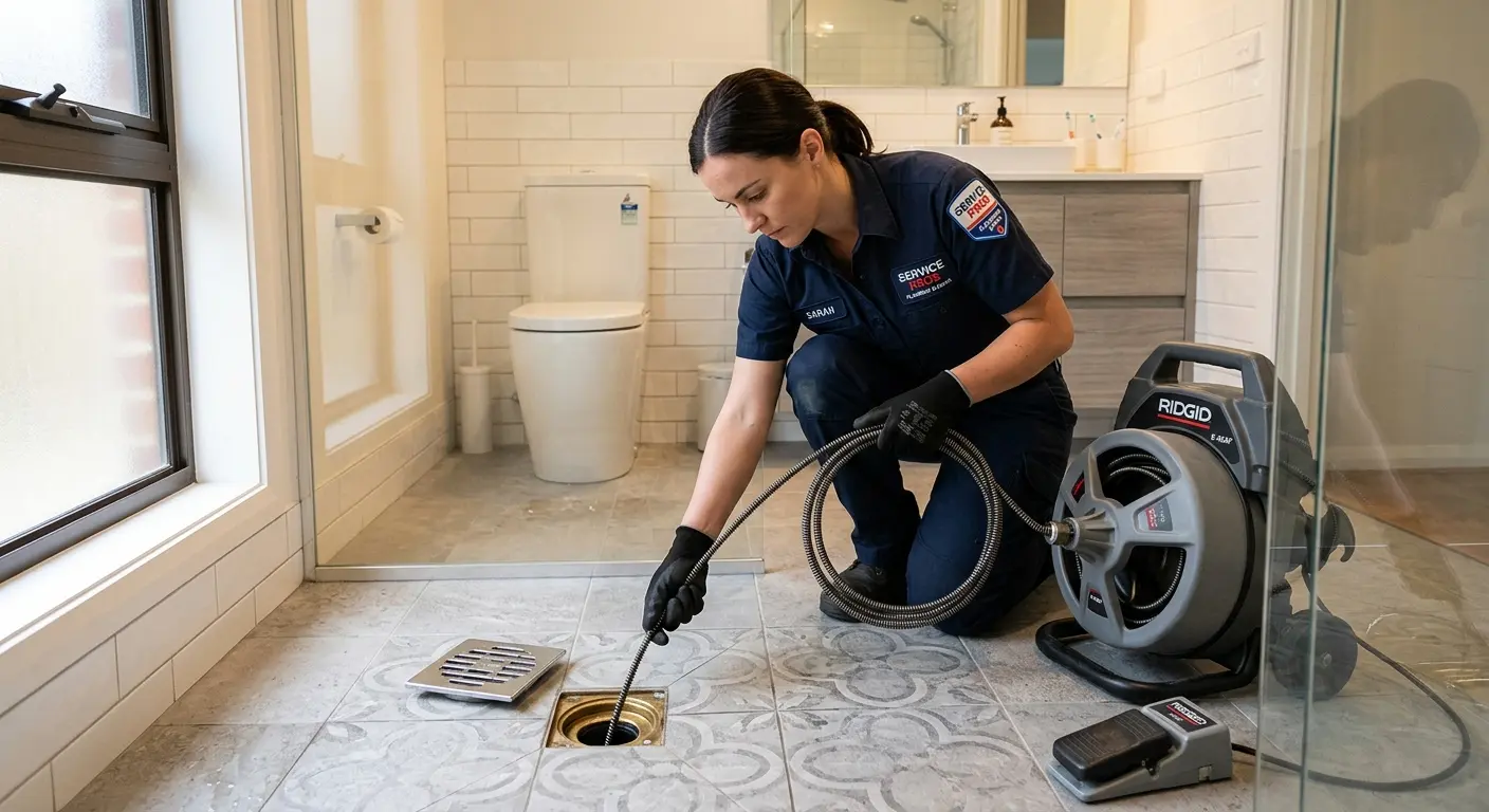 Technician clearing a bathroom floor drain for Sewer Line Installation in Haddon Heights